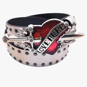 “Love Hurts" Engraved Belt - Gleaming Heart & Sword Design XL/2XL 47”